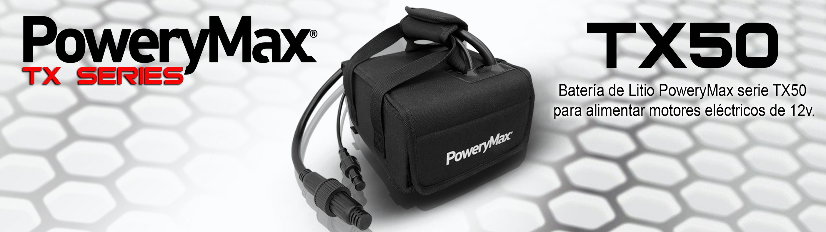 Batería PoweryMax serie TX50 de 50Ah. Batería de litio portátil de ultima generación para alimentar motores eléctricos de 12v